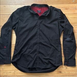 Point Zero Black Dot-Print Button-Down Shirt with Red Accents